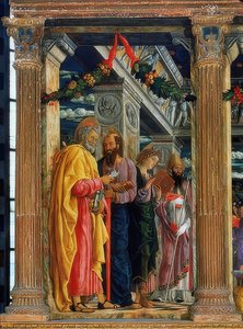San Zeno altare. Vänster sida. 1457-1460. På bilden är Simon Petrus, Paulus av Tarsus, Johannes evangelisten och Zenon från Verona av Andrea Mantegna