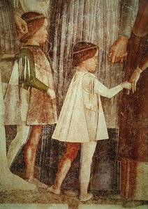 Ankomsten av kardinal Francesco Gonzaga, hälsad av sin far Marchese Ludovico Gonzaga III och hans bröder, detalj av Gonzague-barnen, ca. 1465-74 (uppgift om 78454) av Andrea Mantegna