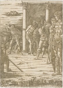 Kristi flagellation, med landskapets bakgrund av Andrea Mantegna