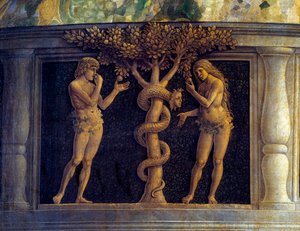 Jungfrun och barnet omgiven av sex heliga och dyrkade av markisen av Mantua, Francois II de Gonzaga (Francesco II Gonzaga) (1466-1519) känd som Segerns jungfru”” (Pala della Vittoria) (Madonna della Vittoria)” Detalj som representerar temptan av Andrea Mantegna
