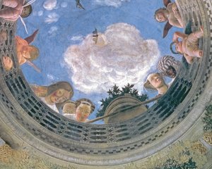 Trompe loeil oculus i mitten av det välvda taket på Camera degli Sposi eller Camera Picta, 1465-74 freskdetalj av 72245 av Andrea Mantegna