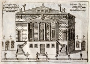 Huvudfasaden på Villa Foscari känd som La Malcontenta, Mira, designad av Andrea Palladio (1508-1580), gravyr från Längs Brenta-kanalen, nästan stadsdel av staden Venedig, av Vincenzo Coronelli (1650-1718), Venedig