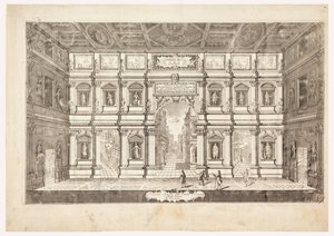 Interiörhöjd av den olympiska teatern i staden Vincenza (Utsikt över scenen i Teatro Olimpico i Vicenza)