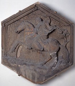 Jaktkonsten, sexkantigt dekorativt reliefplattor från en serie som föreställer utövare av konst och vetenskap, möjligen baserat på ritningar av Giotto (ca 1266-1337) ca 1334-48 (marmor)