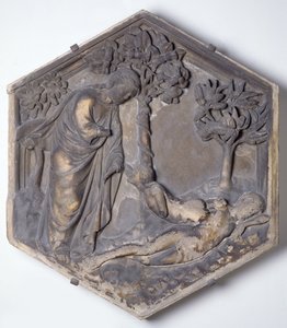 The Creation of Eve, hexagonal dekorativ reliefbricka från en serie som illustrerar avsnitt från Genesis, möjligen baserad på design av Giotto (ca 1266-1337) ca 1334-48 (marmor)
