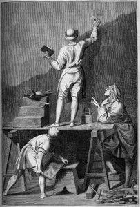 Förberedelse av gipset för en freskmålning (affresco). Teckning av Chevignard av Andrea Pozzo. av Andrea Pozzo