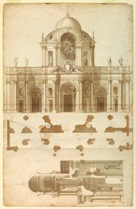 Föreslagen höjd, sektion och plan för fasaden av San Giovanni, Laterano, Rom, Italien av Andrea Pozzo