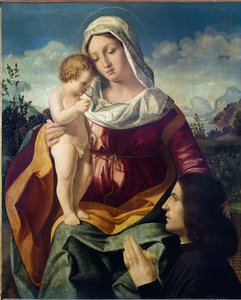 Jungfrun och barnet, med en donator - Målning av Andrea Previtali (cirka 1480-1528), olja på duk av Andrea Previtali
