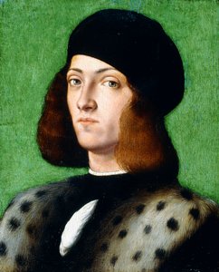 Porträtt av en ung gentleman, bystlång, iklädd svart keps och svart rock, 1506 av Andrea Previtali