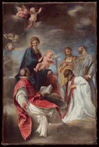 Madonnan och barnet med de heliga Ignatius av Loyola, Francis Xavier, Cosmas och Damian av Andrea Sacchi