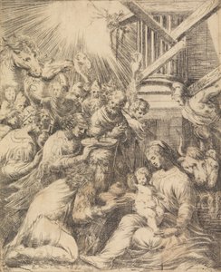 Tillbedjan av Magi, ca. 1553-60. av Andrea Schiavone