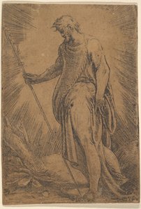 En apostel som håller en stav vänd åt vänster, ca. 1540-60.