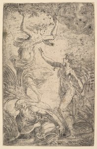 Apollo till höger håller en pilbåge som jagar Daphne till vänster, ca. 1538-40. av Andrea Schiavone