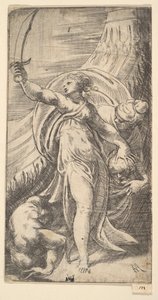 Judith höjde sitt svärd i sin högra hand och placerade Holofernes huvud i sa..., ca. 1542-45. av Andrea Schiavone
