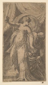 Judith med sitt svärd i höger hand och placerar huvudet på Holofernes i..., ca. 1540-45.
