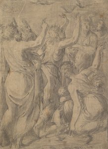 Moses visar vaktlarna för israeliterna under vaktlarna och mannat, ca. 1545.