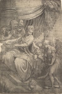 Den heliga familjen, en ängel som håller blommor som närmar sig från höger, ca. 1550-53. av Andrea Schiavone