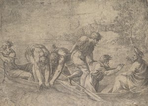 Fiskarnas mirakulösa drag, Kristus till höger åtföljd av apostlar i..., ca.1548-52. av Andrea Schiavone