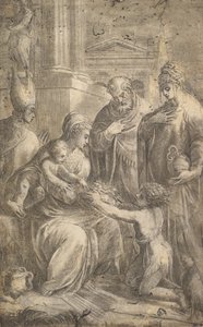 Olika heliga som bevittnar Johannes Döparens hyllning till Kristus. av Andrea Schiavone