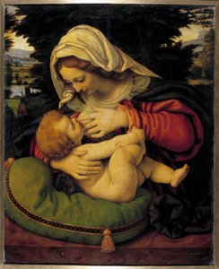 Jungfrun med grön kuddemålning av Andrea Solario (1460-1522) 1400-talets sön. 0,59x0,47 m
