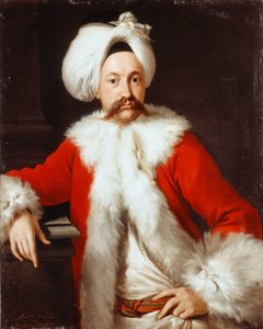 Porträtt av en gentleman stående, halvlängd, i orientalisk kostym,
