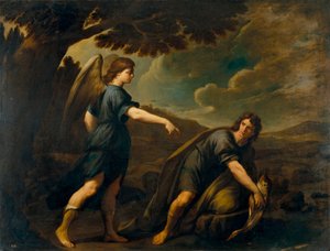 Ängeln och Tobias med fisken - Målning av Andrea Vaccaro (1604-1670), olja på duk (199,5x262 cm), cirka 1640, italiensk konst