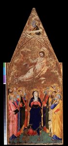 ""Kristi himmelsfärd"" Nedan Jungfru Maria och apostlarna observerar Jesus Kristus. Ovan, representation av profeten Jeremia. Tempera på trä av Andrea Vanni (1332-1414) 1355-1360 Mått 68x28 cm Eremitagemuseet, Sankt Petersburg (Saint-Petersbo) av Andrea Vanni