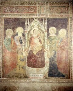 Jungfru och barn med SS. Johannes Döparen, Nicolas och Elia (fresk) av Andrea da Firenze (fl.1388 1459)