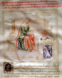 Allegorier av aritmetiken i "" Chansonne des sept Vertus et des sept Arts liberales destinated to Bruzio Visconti "(Sången om dygder och vetenskaper) av Bartolomeo di Bartoli. Akvarell av Andrea di Bartoli (aktiv mellan 1358 och 1368) (ms. 599,