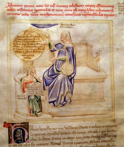 Allegorier av astrologi eller astronomi i "" Song of the Seven Vertus and the Seven Liberal Arts avsedd för Bruzio Visconti "(Sången om dygder och vetenskaper) av Bartolomeo di Bartoli. Akvarell av Andrea di Bartoli (aktiv mellan 1358 och av Andrea de Bartoli