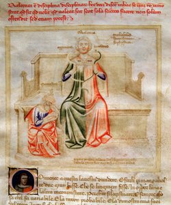 Allegorier av dialektiken i "" Chansonne des sept Vertus et des sept Arts liberales destinated to Bruzio Visconti "(Sången om dygder och vetenskaper) av Bartolomeo di Bartoli. Akvarell av Andrea di Bartoli (aktiv mellan 1358 och 1368) (ms. 599, fo