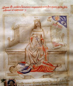 Allegorier om tron ​​i "" Chansonne des sept virtues et des sept arts liberoux destinee a Bruzio Visconti "(Sången om dygder och vetenskaper) av Bartolomeo di Bartoli. Akvarell av Andrea di Bartoli (aktiv mellan 1358 och 1368) (ms. 599, fol. 5