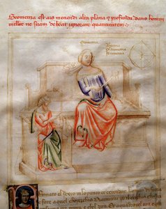 Allegories of Geometries i "" Chansonne des sept Vertus et des sept Arts liberales destinated to Bruzio Visconti "(Sången om dygder och vetenskaper) av Bartolomeo di Bartoli. Akvarell av Andrea di Bartoli (aktiv mellan 1358 och 1368) (ms. 599, fo