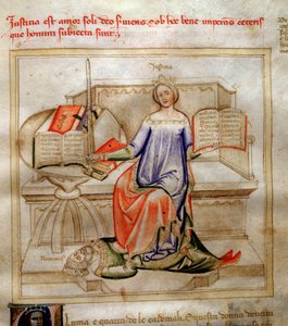 Allegorier of Justice i "" Chansonne des sept Vertus et des sept Arts liberales destinated to Bruzio Visconti "" (Sången om dygderna och vetenskaperna) av Bartolomeo di Bartoli. Akvarell av Andrea di Bartoli (aktiv mellan 1358 och 1368) (ms. 599, fol.