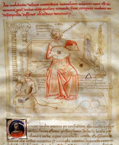 Allegorier av musiken i "" Chansonne des sept Vertus et des sept Arts liberales destinee à Bruzio Visconti "(Sången om dygder och vetenskaper) av Bartolomeo di Bartoli. Akvarell av Andrea di Bartoli (aktiv mellan 1358 och 1368) (ms. 599, fol.