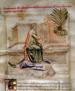 Allegorier of Temperance i "" Chansonne des sept virtues et des sept arts liberoux destinee a Bruzio Visconti "(Sången om dygderna och vetenskaperna) av Bartolomeo di Bartoli. Akvarell av Andrea di Bartoli (aktiv mellan 1358 och 1368) (ms. 599, f