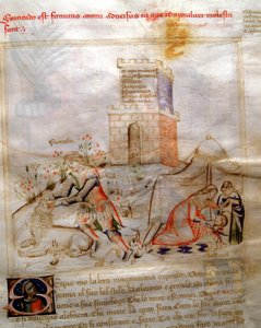 Allegori om mod med Simson som river lejonet och Judith som halshugger Holofernes i "" Song of the Seven Virtues and the Seven Liberal Arts dedicated to Bruzio Visconti" (Dygdens och vetenskapens Canzone) av Bartolomeo di Baartoli. Akvarell av Andrew