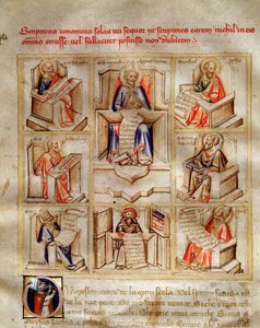 Representation av kyrkans läkare: Sankt Johannes, Sankt Ambrosius av Milano, Sankt Hieronymus, Sankt Gregoire den store och Sankt Paulus i "" Song of the Seven Vertus and the Seven Liberals Arts destinee for Bruzio Visconti"" (La Canzone delle) Virtu och d av Andrea de Bartoli
