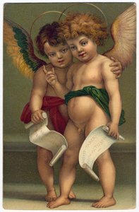 Två änglar. Fromma bild efter målaren ANDREA DEL SARTO (1486-1530), Dresden, ca 1910 (kromolitografi) av Andrea del (after) Sarto