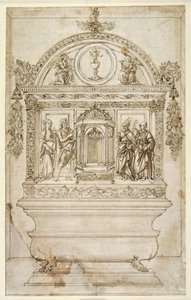 Design för altaret i ett kapell, med ett tabernakel för nattvarden (penna & brunt bläck med brun tvätt på vitt papper) av Andrea del (follower of) Verrocchio