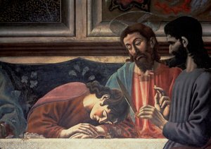 Den sista måltiden, detalj av Judas, Kristus och St. Johannes, 1447 freskdetalj av 85172
