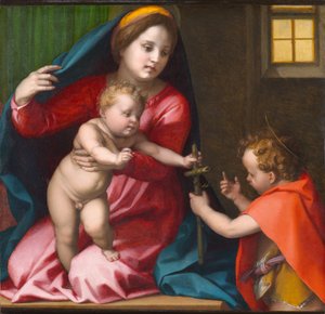 Madonna och barn med Johannes Döparen, cirka 1528 (olja på panel) av Andrea del Sarto