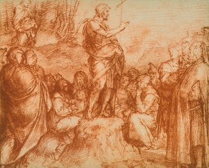 Johannes Döparen predikar för massorna, förberedande studie för fresken i Chiostro dello Scalzo, teckning av Andrea del Sarto. Skåp för teckningar och tryck, Uffizigalleriet, Flor av Andrea del Sarto