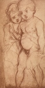 Studie av två keruber; teckning av Andrea del Sarto. Cabinet of Drawings and Prints, Uffizi Gallery, Florens av Andrea del Sarto