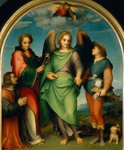 Ärkeängeln Rafael med Tobias, Sankt Leonard och donatorn Leonardo di Lorenzo Morelli av Andrea del Sarto