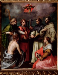Disputationen av den heliga treenigheten, med St Peter, St Lawrence, St Augustine of Hippo, St Francis, St Sebastian, St Mary Magdalena (Målning, ca 1517) av Andrea del Sarto