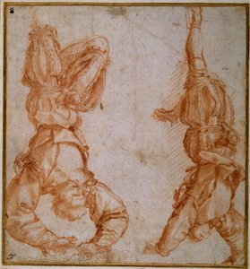 Två studier av en man upphängd i sitt vänstra ben (röd krita på krämpapper) av Andrea del Sarto
