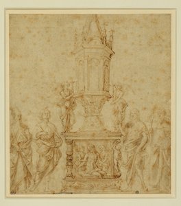 Verrocchios skola. Relikvarium mellan en helgonförklarad ... av Andrea del Verrocchio