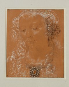 Kvinnohuvud med nedslagna ögon, något vridet åt vänster ... av Andrea del Verrocchio