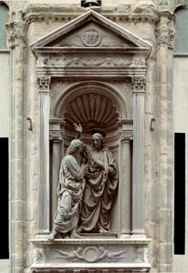Den incredulite av St. Thomas Bronsskulptur av Andrea di Francesco di Cione dit il Verrocchio (1435-1488) Florens, Chiesa di Orsanmichele